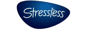 The Stressless logo features white text on a blue, rounded triangular background.